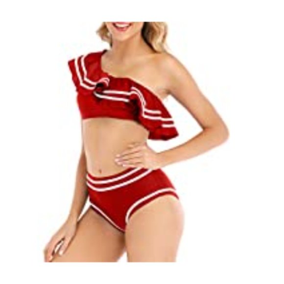 ELEGANT TASTE Red Flounce One Shoulder Bikini with High Waist Bottom Sz.S (NWOT) - Picture 3 of 11